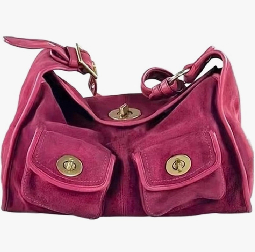 New Commuter Pink Suede Pillow Shoulder Bag Purse Detachable Strap Pockets Lined
