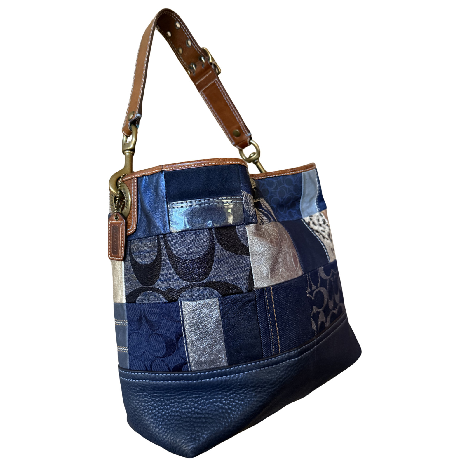 Authentic Coach Vintage Y2K Ergo Denim Patchwork Hobo Bag 10003 Blue Leather EUC