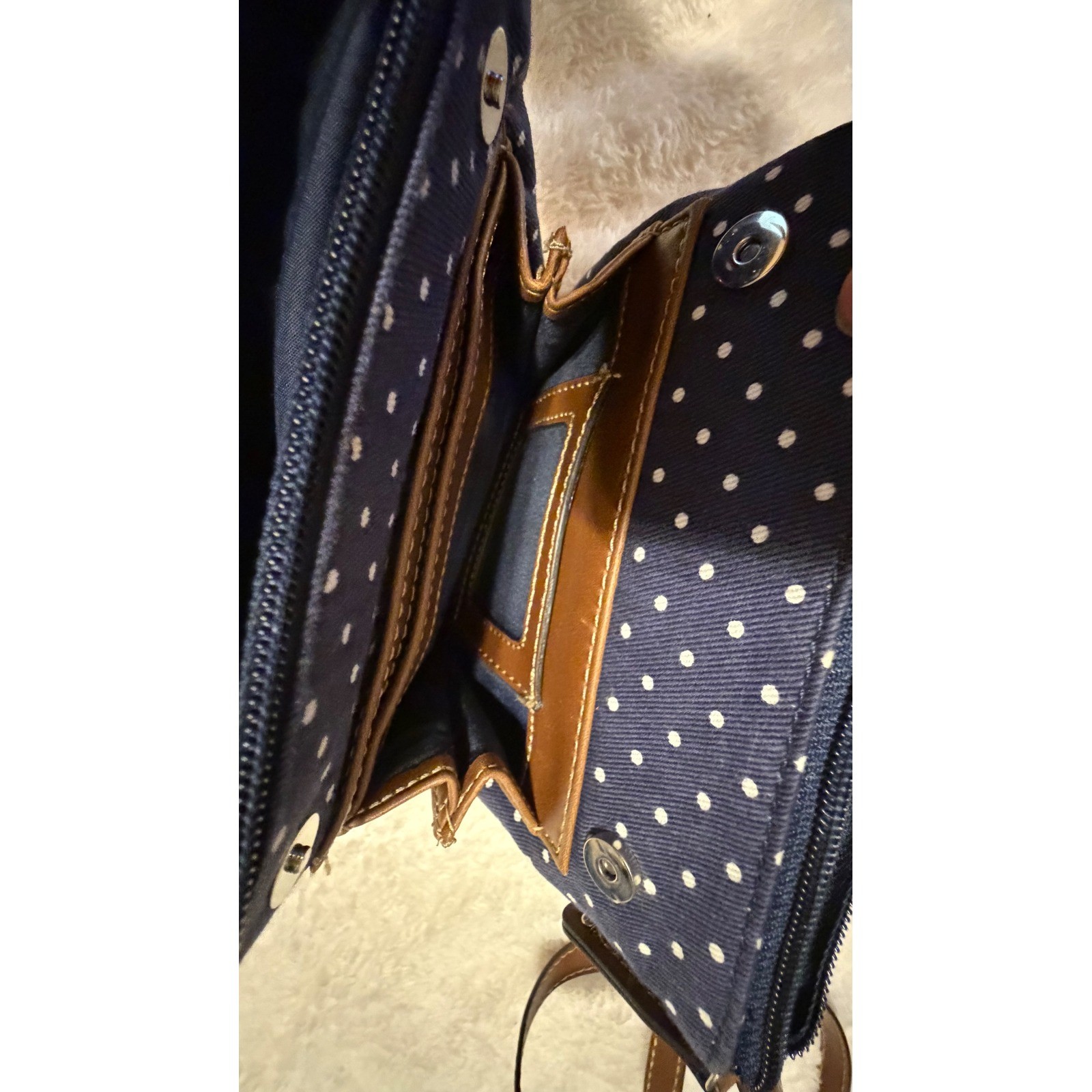 Chaps Navy Blue Polka Dot Crossbody Bag Brown Trim Canvas Small Messenger Purse