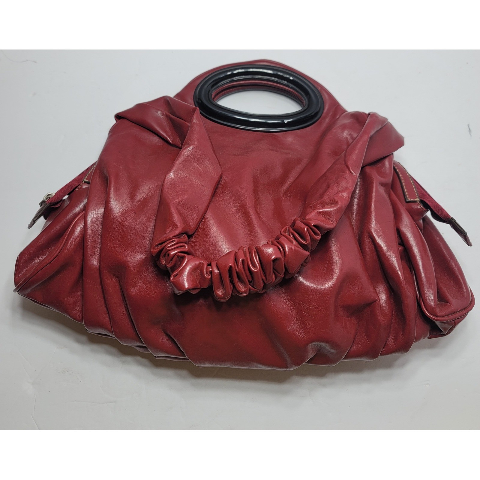 Red Ruched Scrunchie Strap Vintage Type Hobo Bag Resin Circle Handle Side Pocket