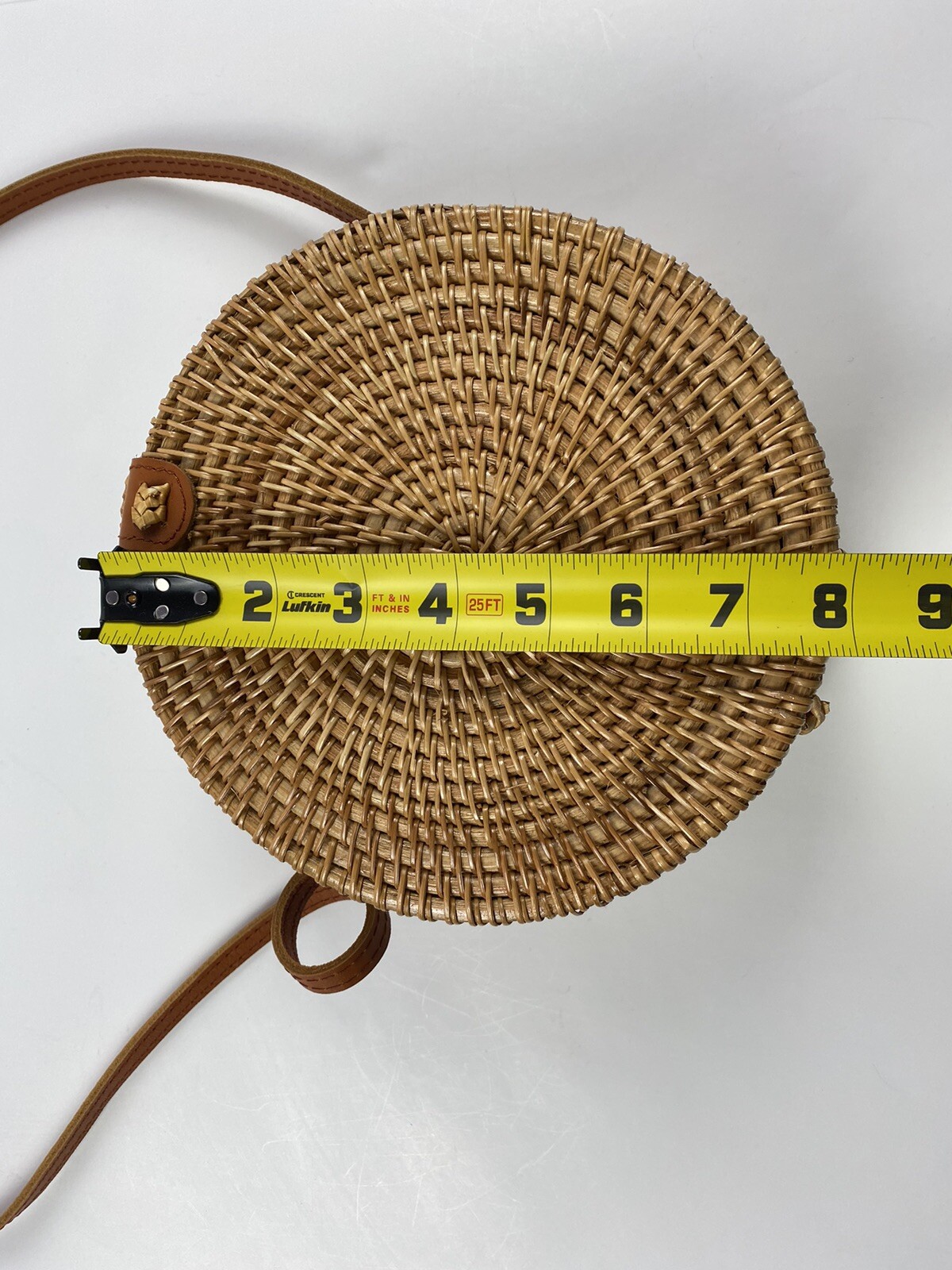 Wicker Flat Round Purse Crossover With Leather Shoulder Strap Palm Tree Lining