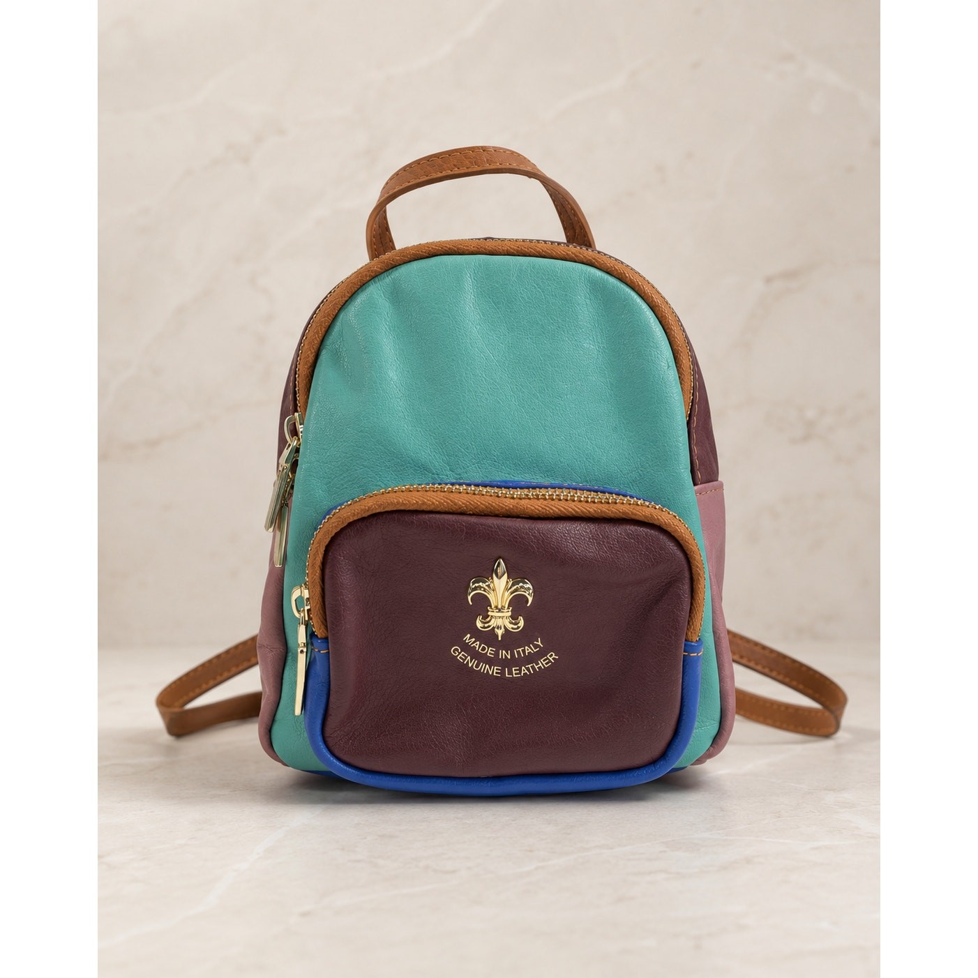 Multicolor Genuine Leather Mini Backpack Crossbody Bag Fleur-de-Lis