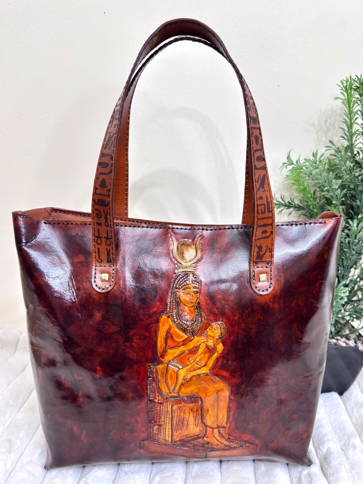 Handcrafted Egyptian Cowhide Leather Tote Bag / Handbag with Isis Engraving