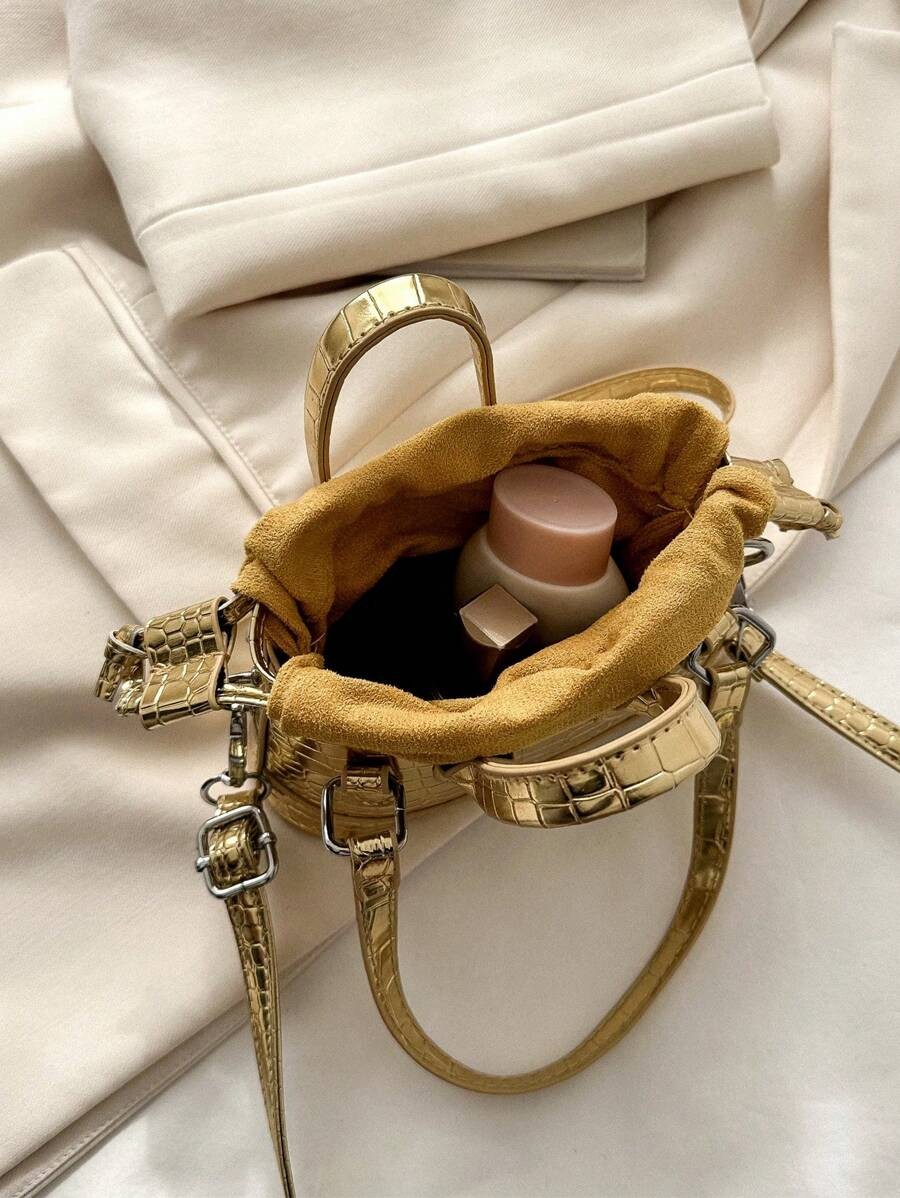 Mini Croc Embossed Bucket Bag Women Drawstring Novelty Crossbody Shoulder
