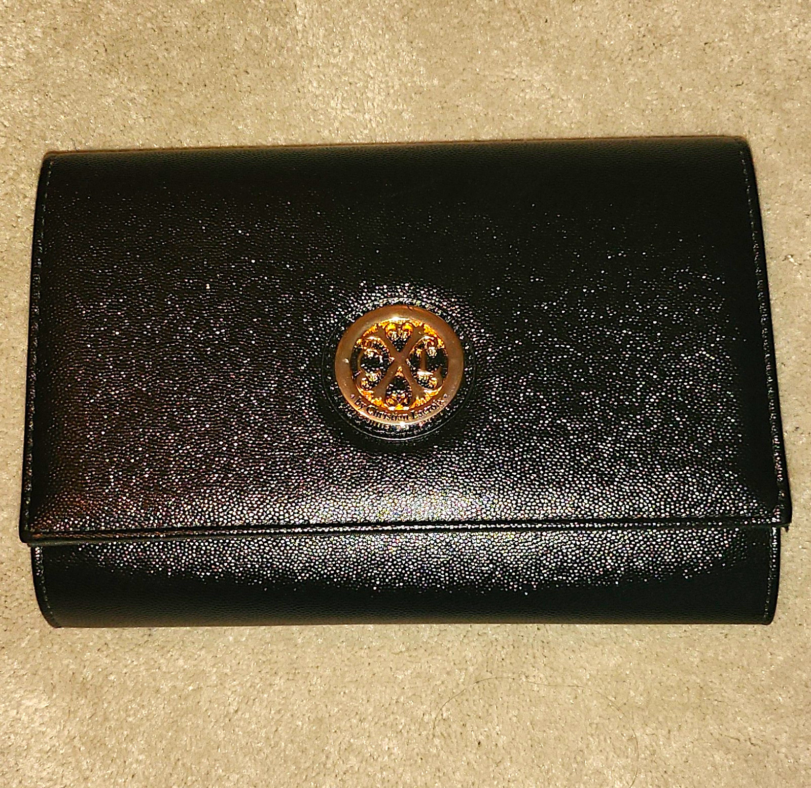 CXL by Christian Lacroix Textured Black Clutch Detachable Chain Strap Gold