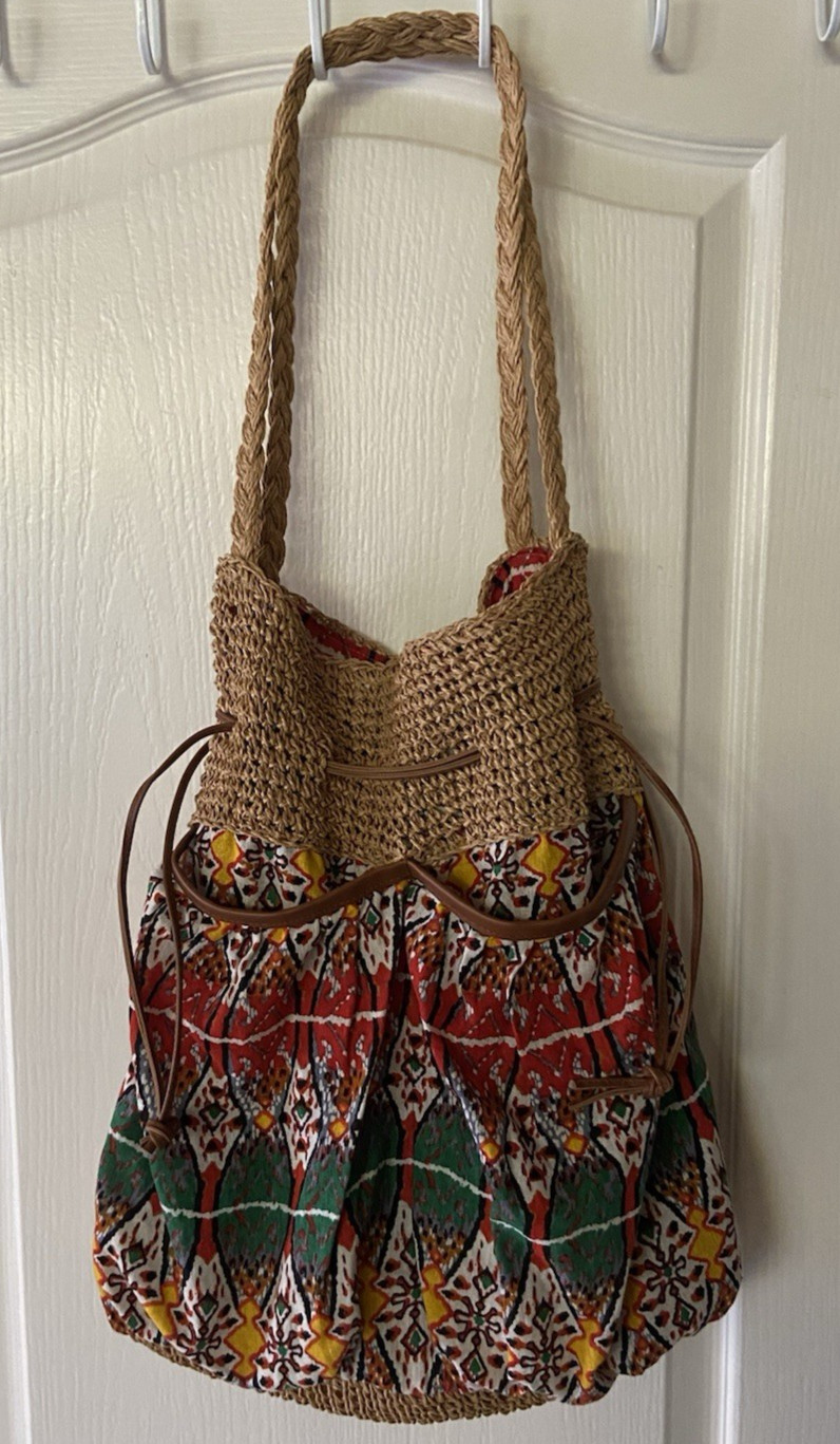NWOT Cappelli Straworld Straw Woven Cotton Fabric Boho Bag Drawstring NEW