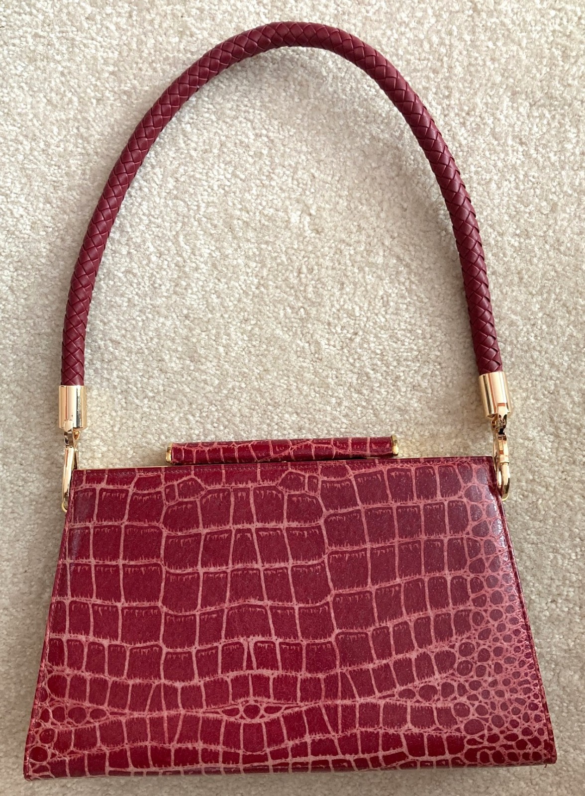 Vtg Due Fratelli Genuine Leather Crocodile Pattern ~ Red w/ gold accents