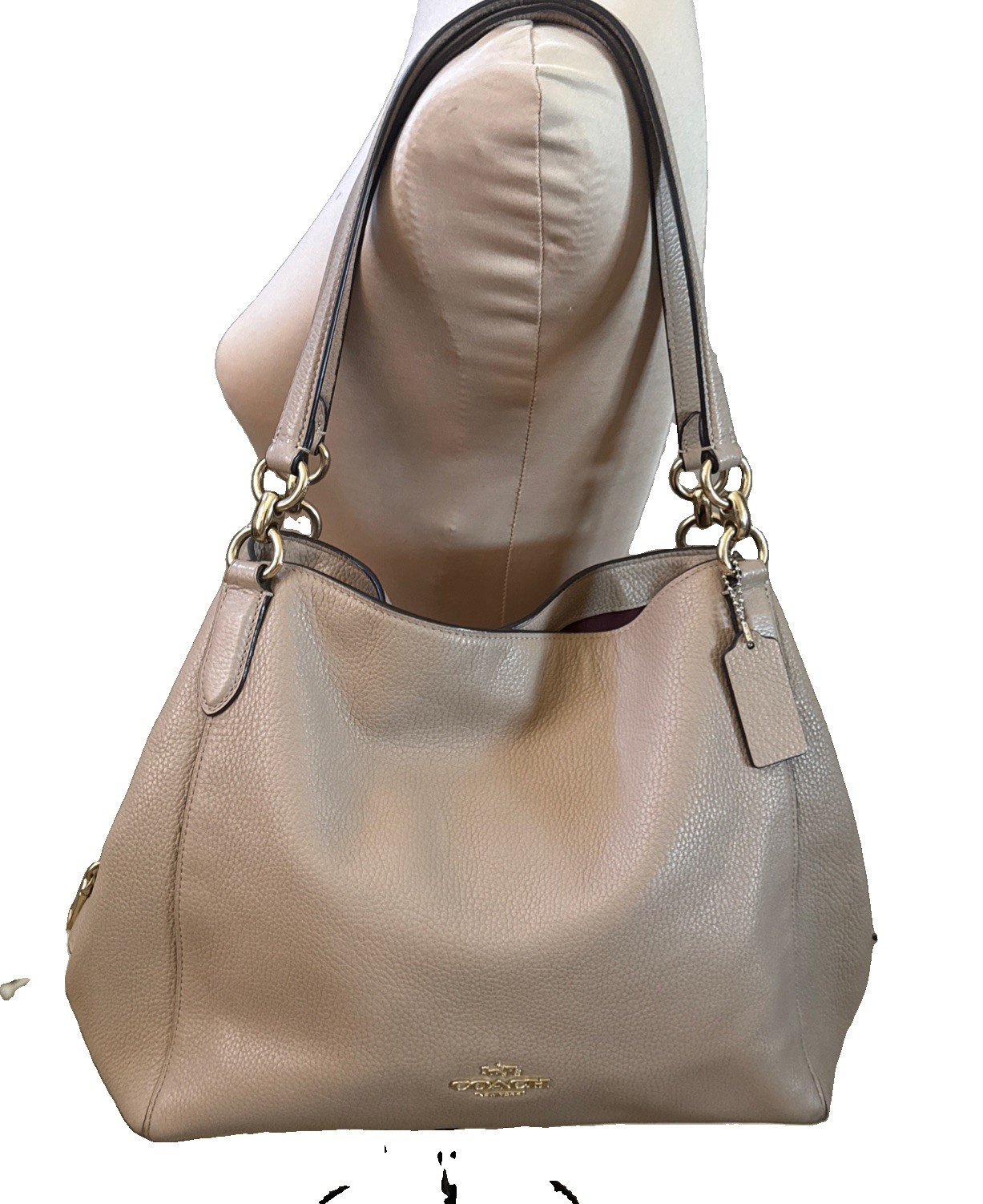 Coach Hallie 3 compartment shoulder bag taupe with burgundy color interior 80268