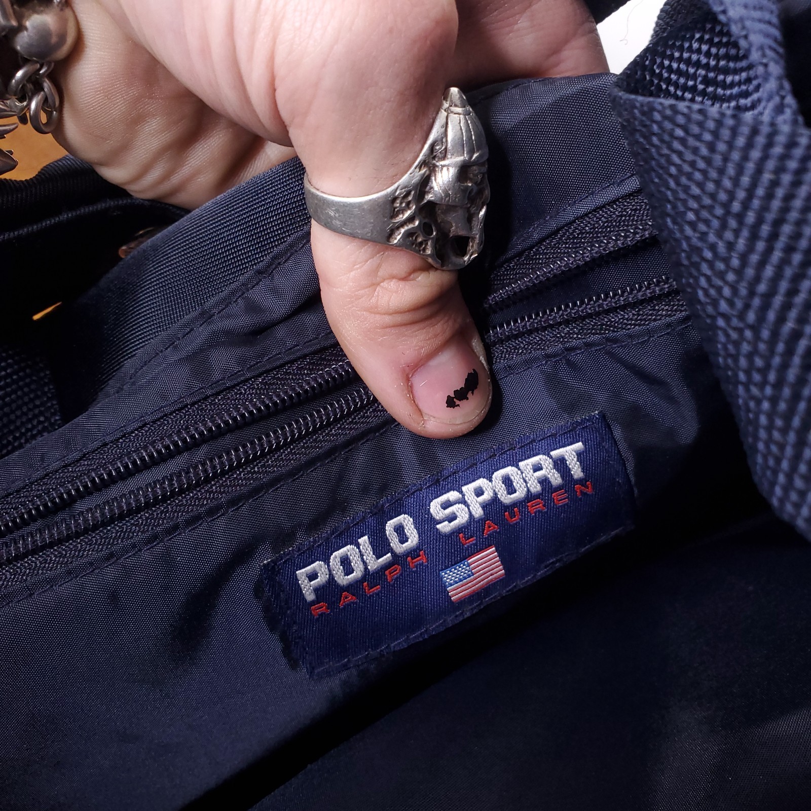 Ralph Lauren Polo Sport Blue vinyl tote bag black 15″ x 12″ Vintage