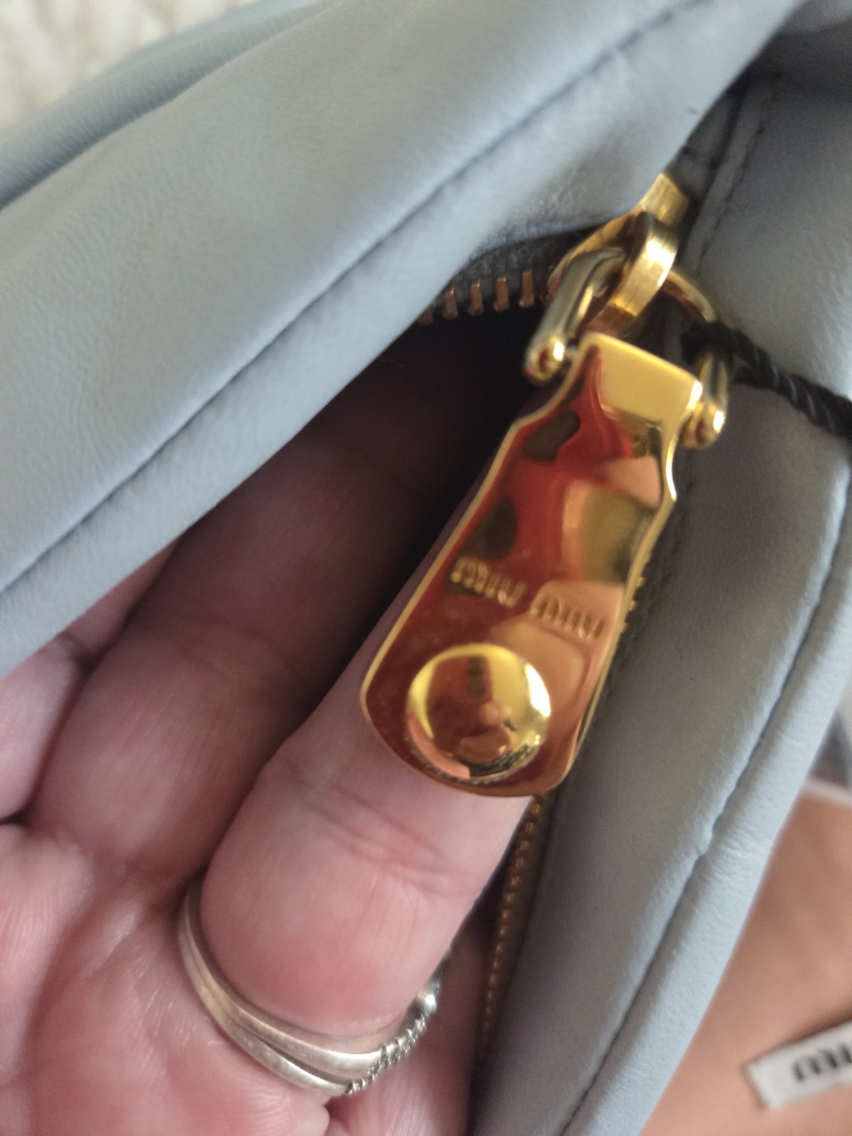 Miu Miu Light Blue Ruched Pleated Zip Clutch Gold Hardware Dust Bag