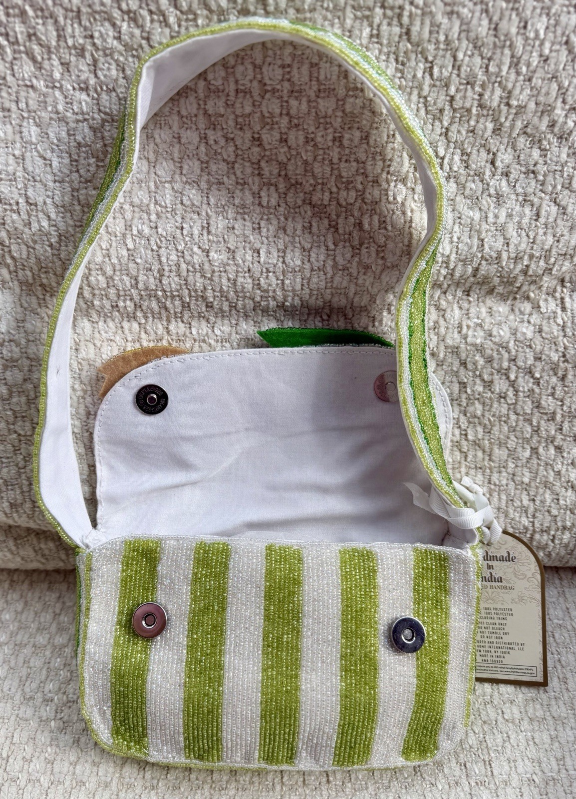 Handmade In India Beaded Yellow Tulip Green & White Striped Shoulder Bag NWT