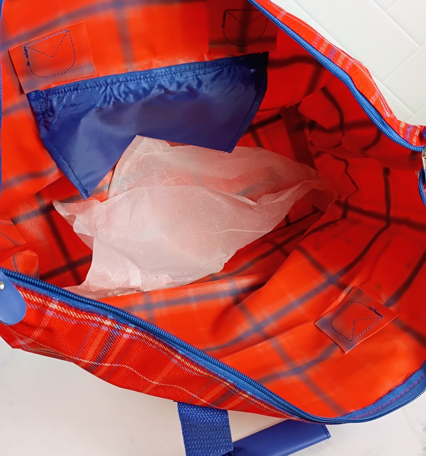 WOMAN WITHIN Travel Bag & Matching Cosmetic Pouch, 2 Pc Tote Set, Red Blue Plaid