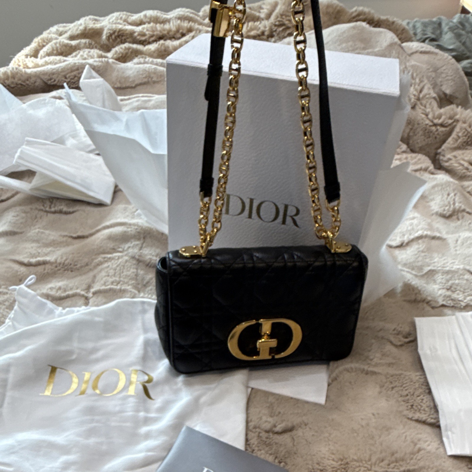 Dior Black Cannage Quilted Shoulder Bag Gold Hardware Chain Strap Box Dust Bag