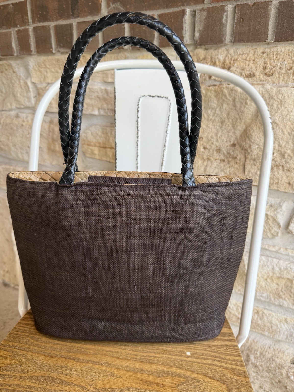 Italy Woven Abalone Handbag Chocolate Brown Wood Bead Rectangular Leather Handle