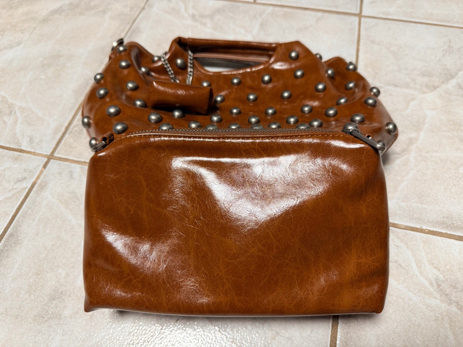 Brown Cowhide Leather Studded Satchel Top Handle Chain Silver Zip Magnetic Pouch
