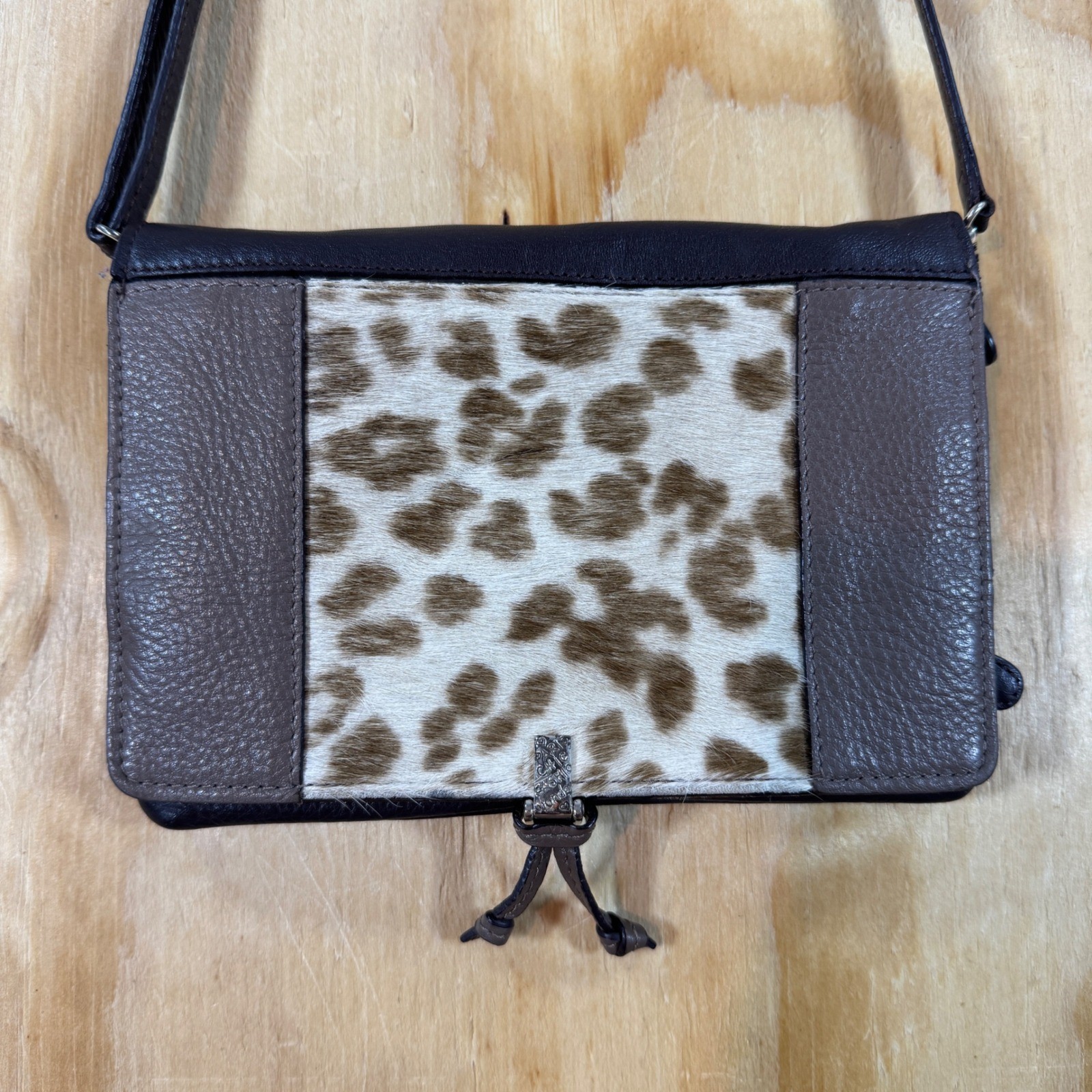 Brighton City Block Organizer Leopard Calf Hair Crossbody Wallet Bag Boho