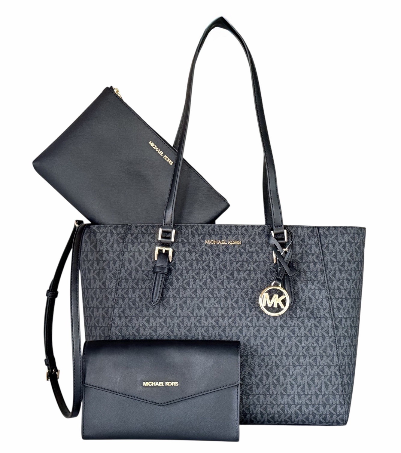 Michael Kors Charlotte 3 in 1 Tote Shoulder Bag + 2 Crossbody Bag MK Black