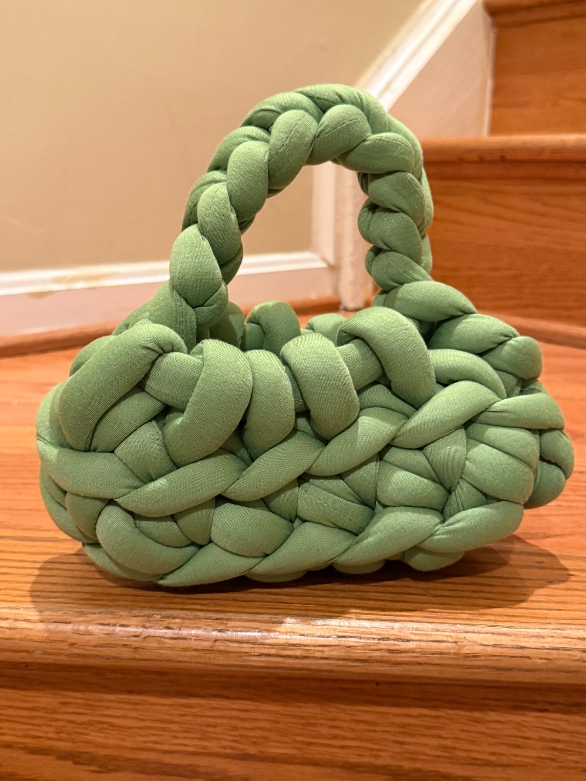 Handmade Chunky T-Shirt Yarn Braided Mini Handbag – Sage Green Boho Tote – Soft