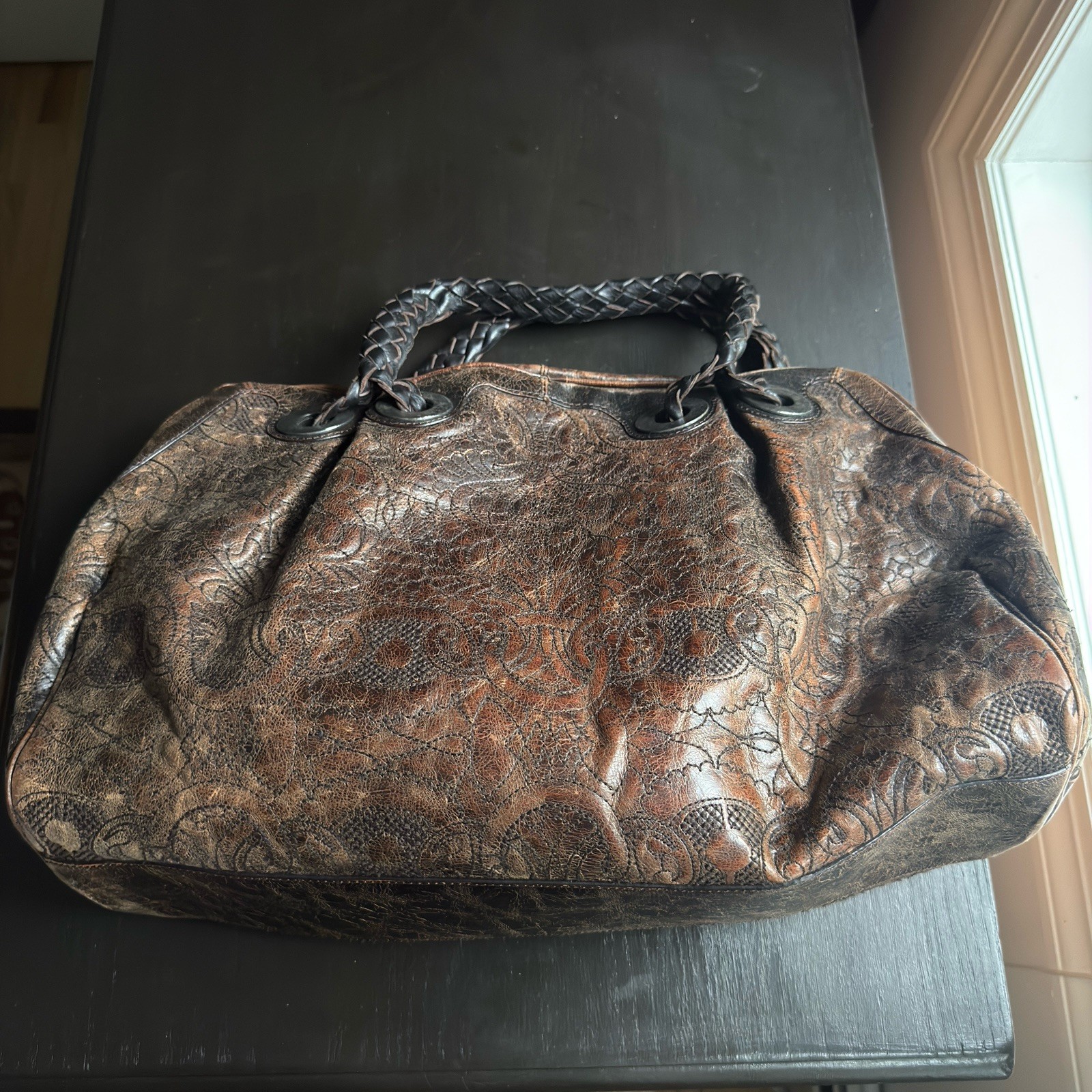 Falor Italia Brown Distressed Satchel Top Handle Braided Zip w/Detachable Strap