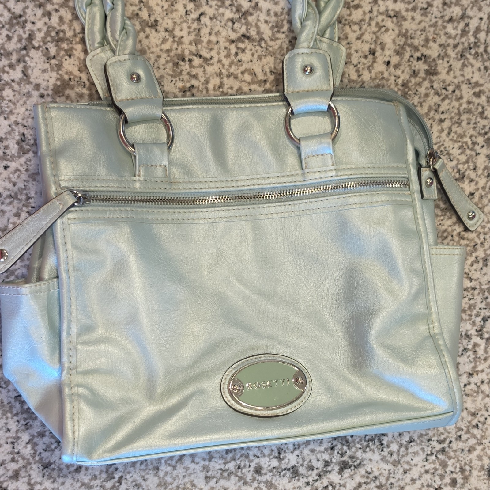 Resetting Aqua Blue Green Faux Leather Shoulder Bag Purse With Braided Straps