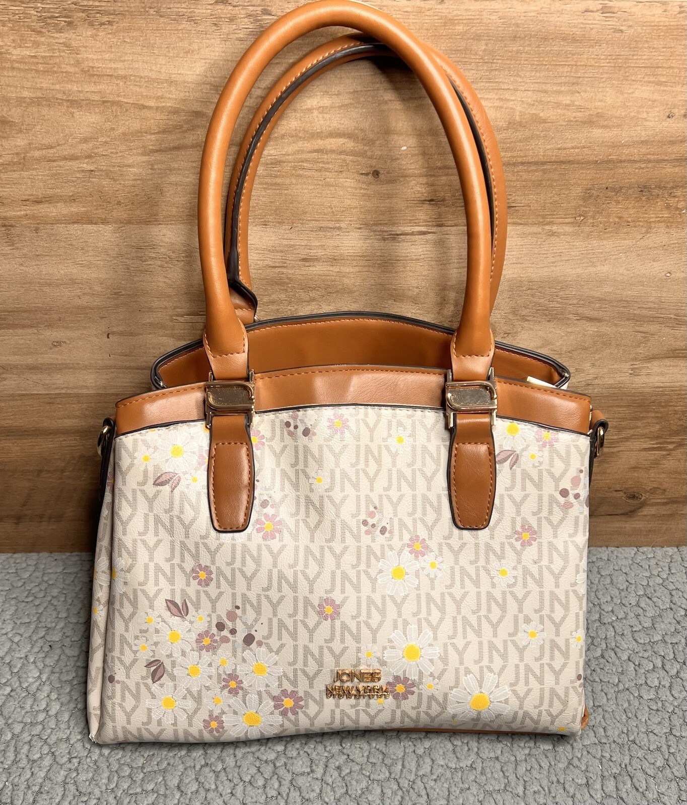Jones New York Faux Leather Floral Design Purse Ivory And Brown