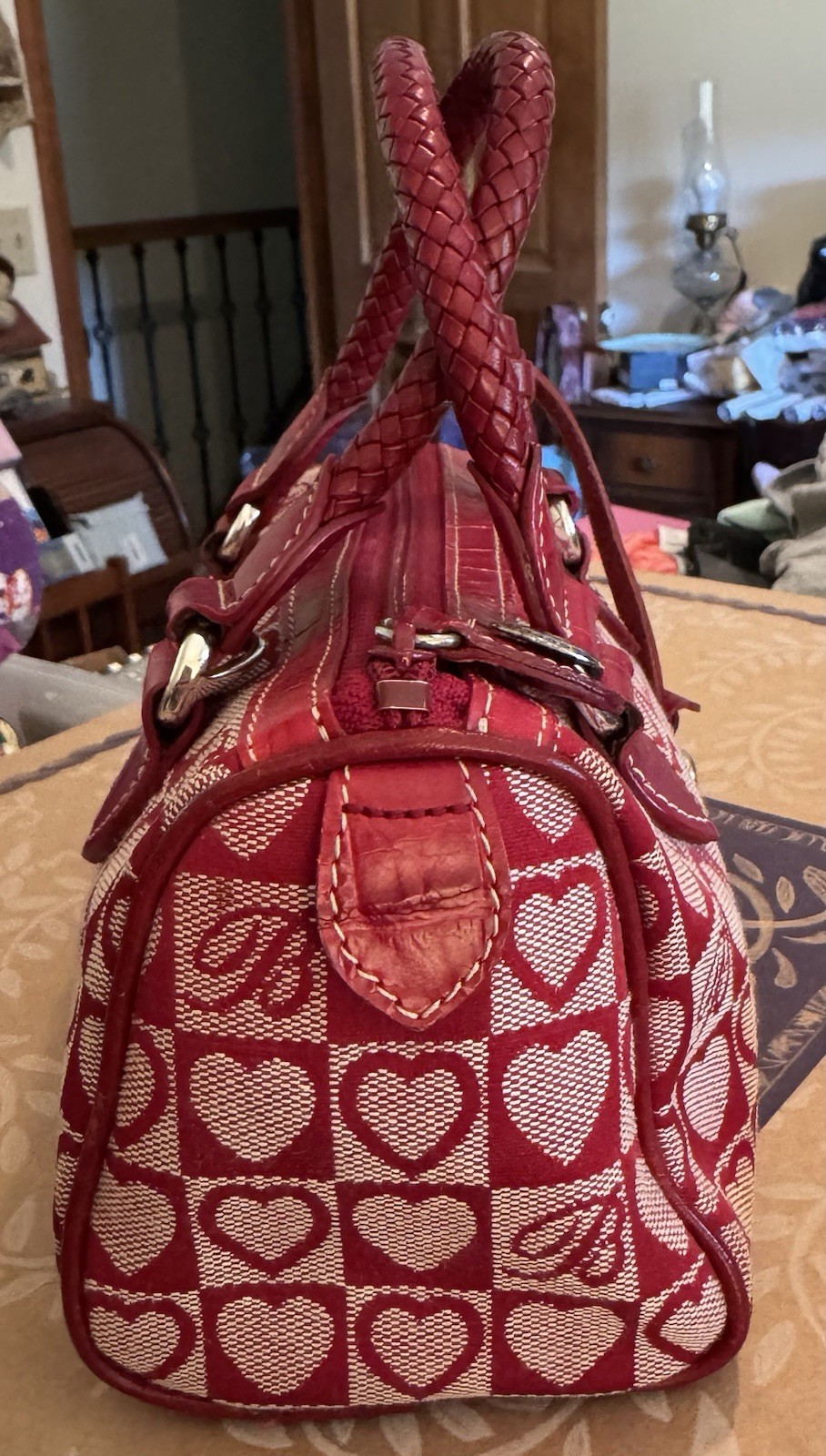 Brighton Red Heart Print Small Satchel Top Handles Zip Bag w/ Charm, Pockets