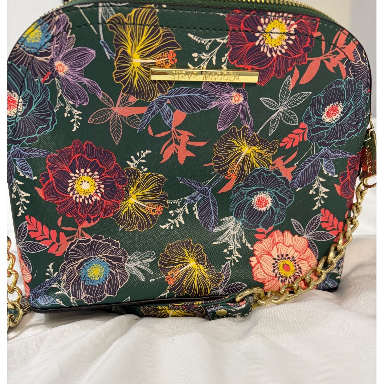 Steve Madden Floral Crossbody Bag Green Dome Purse Gold Chain Strap Tropical