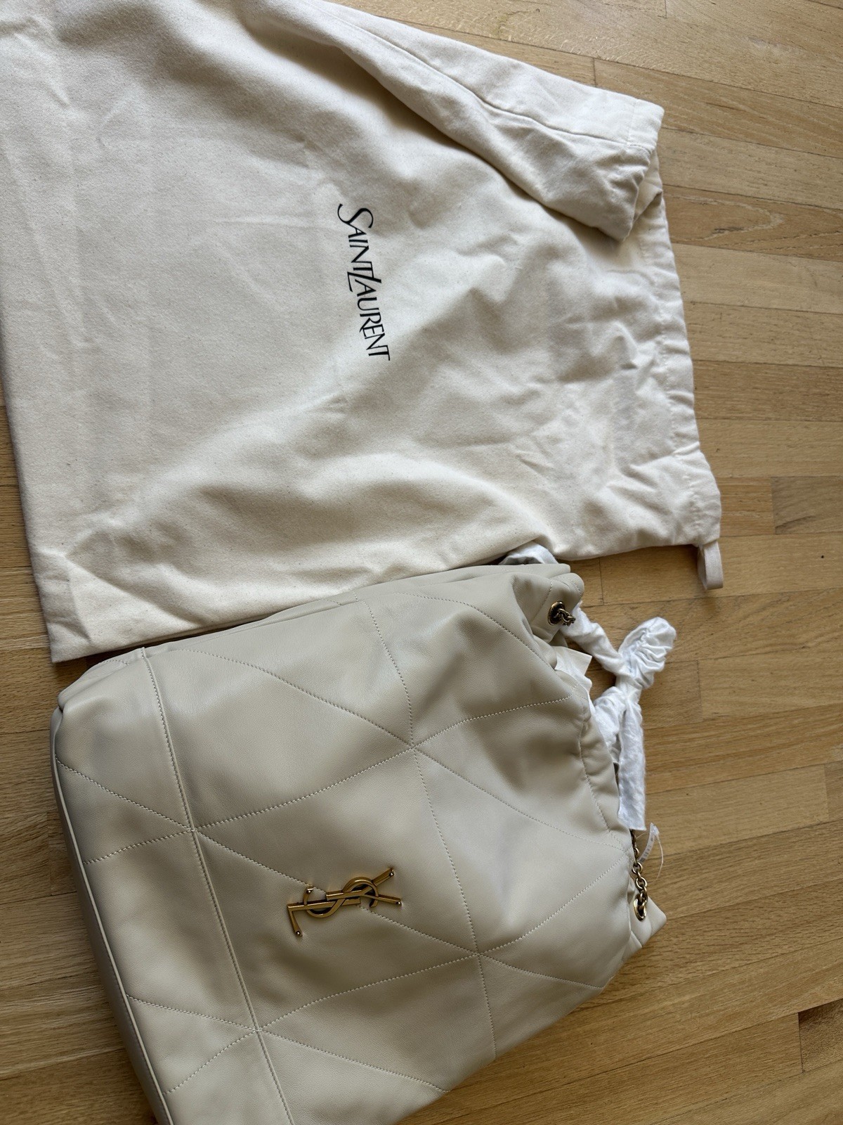 Saint Laurent Jamie Large Pochon Bucket Drawstring Quilted Chain Dust Bag Beige