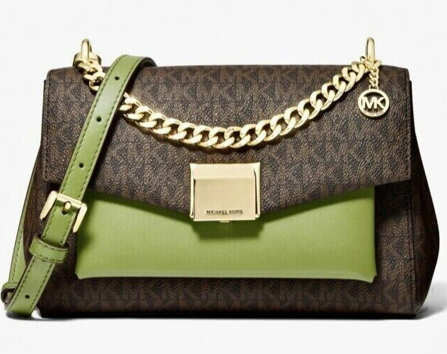 🌞MICHAEL KORS LITA MD BROWN LOGO SAGE GREEN LEATHER CROSSBODY SHOULDER BAG🌺NWT
