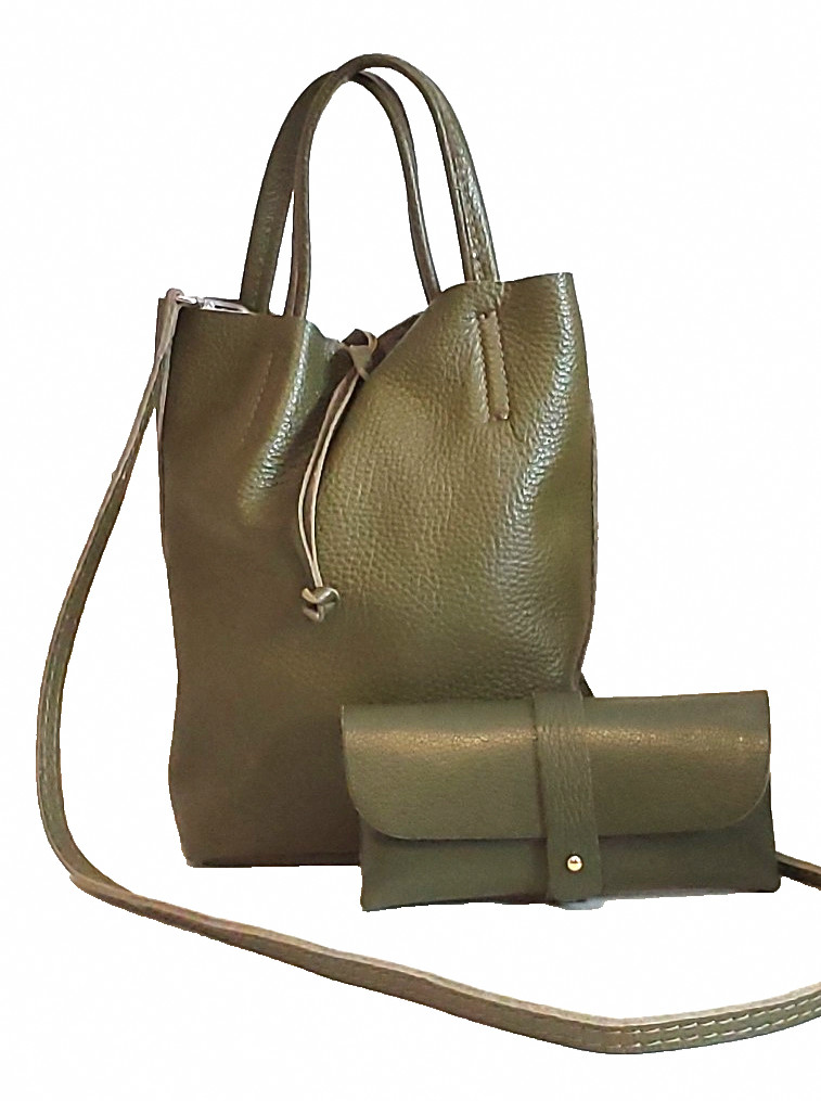Moss Green Italian Leather Bucket Bag with Matching Case Made in Italy 10 in x 6