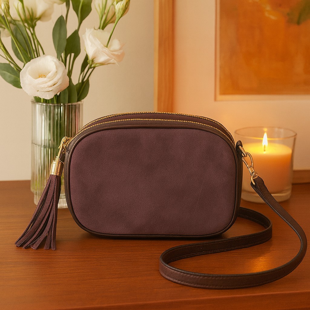 Genuine Leather Crossbody Bag – Brown , Trendy Bag with Gold Zippers & Tassel