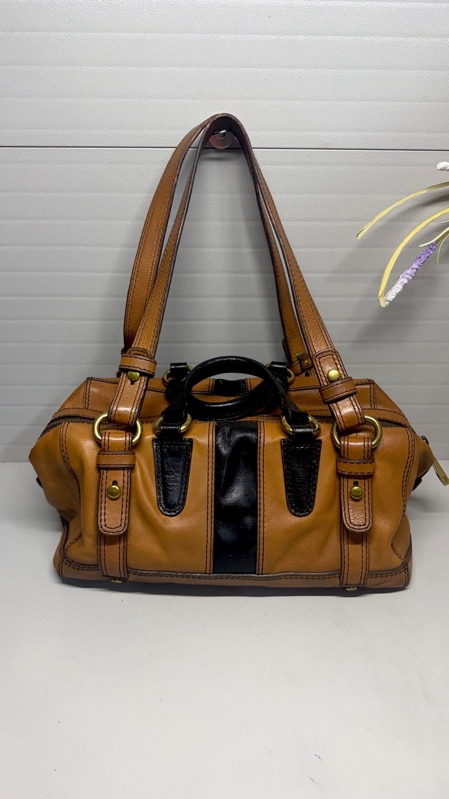 Vintage Rare Fifty Four Fossil Jackie Tan/black Leather Shoulder Satchel ($350)