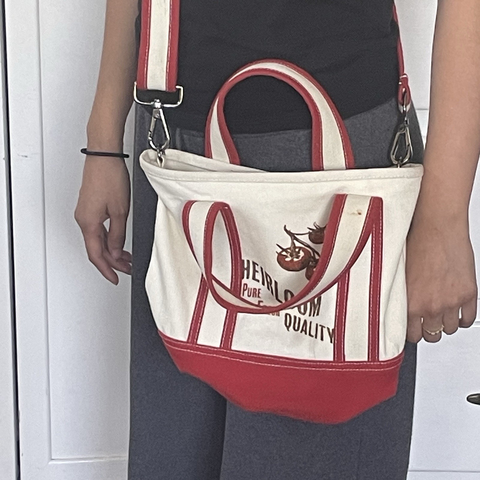 Women’s Beige/Red Tote Bag Embroidered Tomato Graphic Zip, Detachable Strap