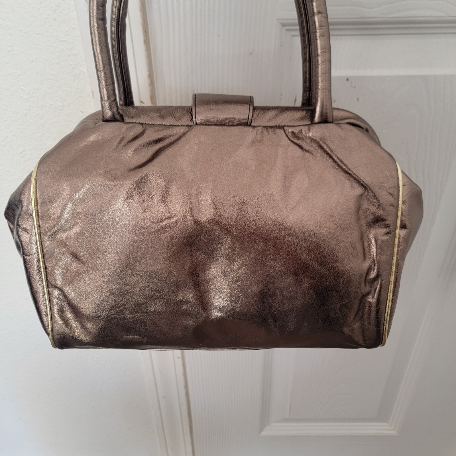 Vintage Genuine Leather Hand Bag Purse – Andre Nicole – Gold And Brown – USA