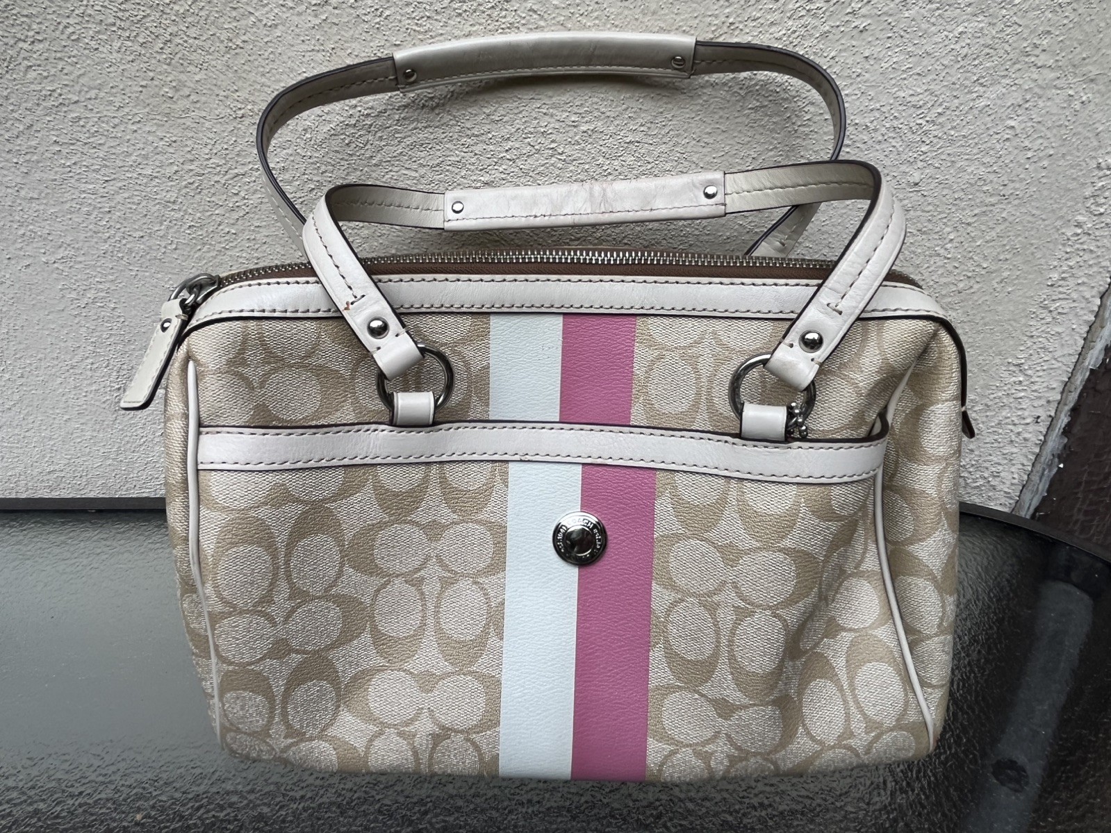 COACH Heritage Stripe Monogram Handbag Beige with Pink/White Stripe F14478