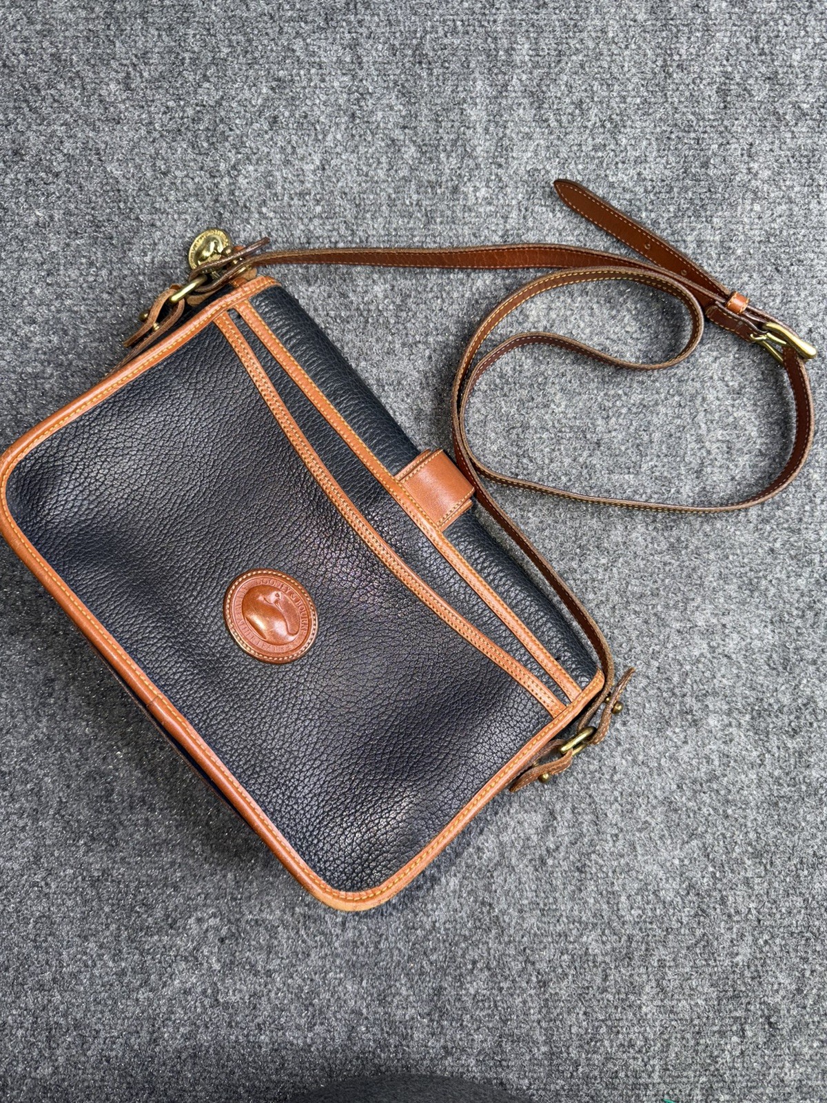 Dooney & Bourke Vintage Navy Blue and Tan Leather Equestrian USA Crossbody Bag