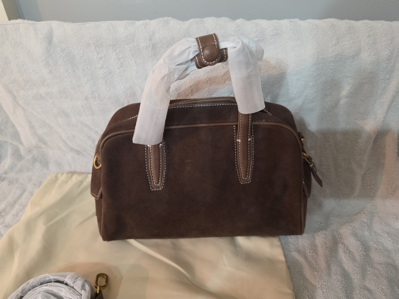 Songmont Brown Top Handle Bag Zip Detachable Strap, Dust Bag, Brand Card