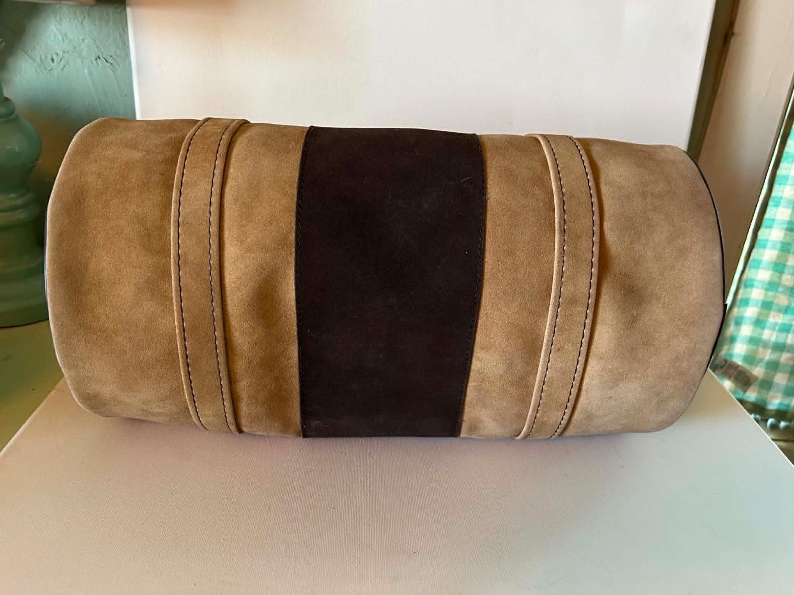 Vintage 70s 80s Suede Barrel Bag Two Tone Brown Tan YKK Zipper Retro Cylinder