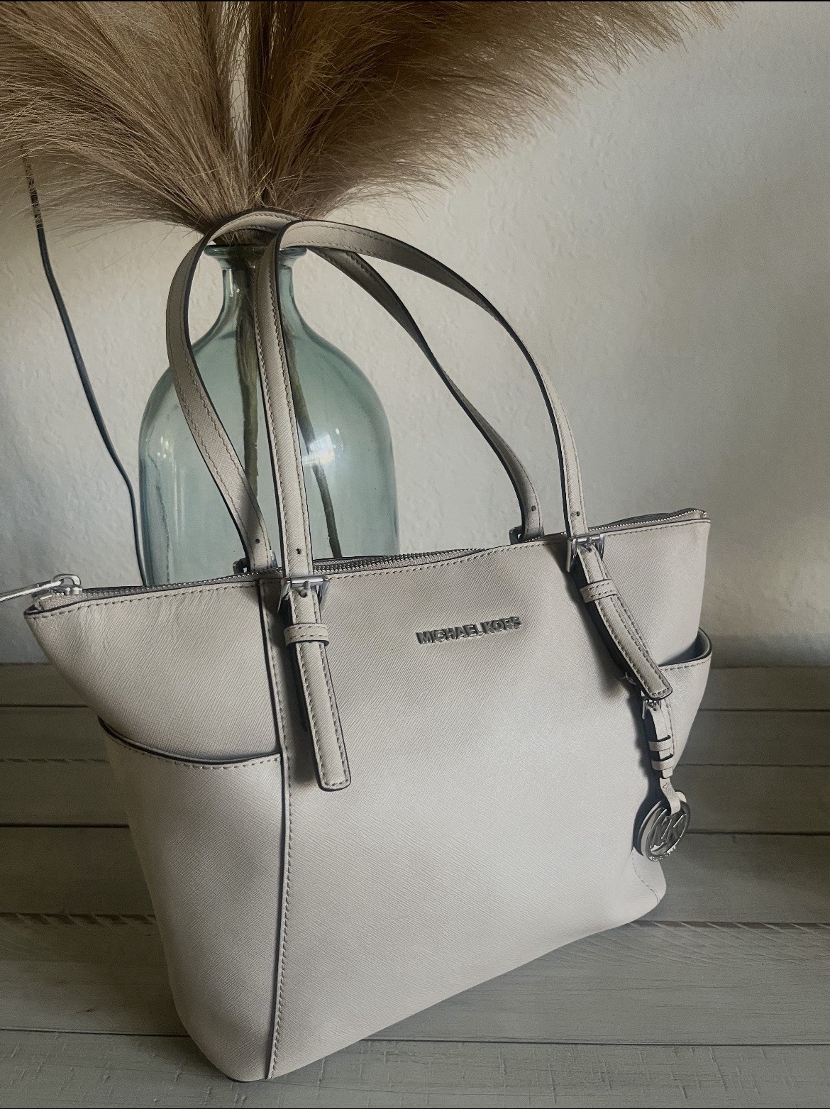 Michael Kors Gray Zip Tote Bag w/ Bag Charm, Silver Hardware, Inner Pockets