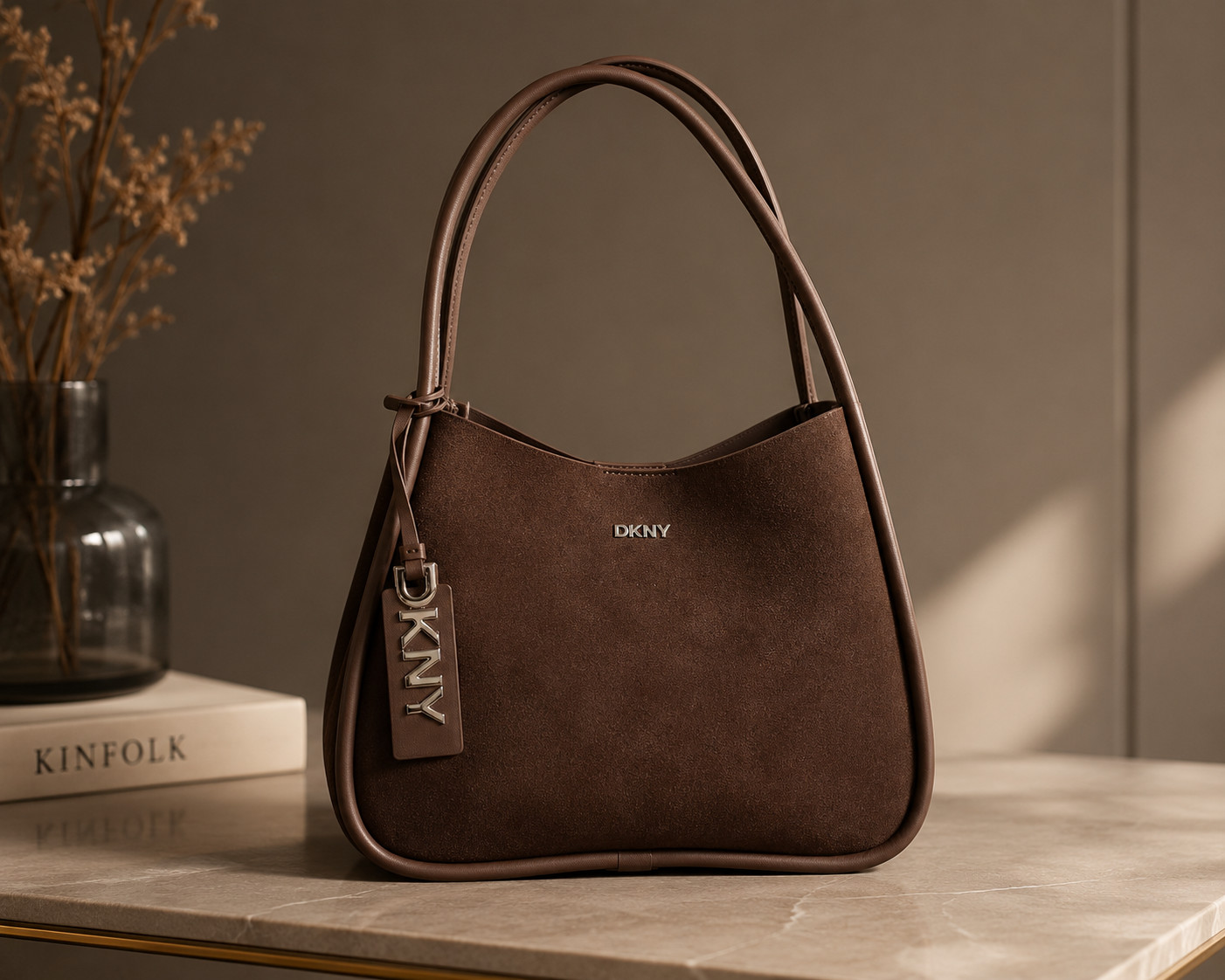 DKNY Brown Faux Suede Shoulder Bag Tote Purse Women’s Zip Pocket New