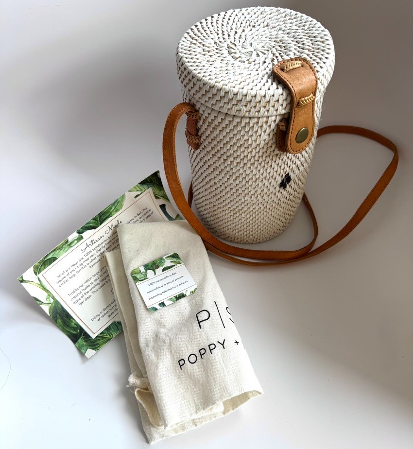 Poppy + Sage Handwoven Straw Rattan Crossbody Bag w/ Leather Cylinder Purse 8″