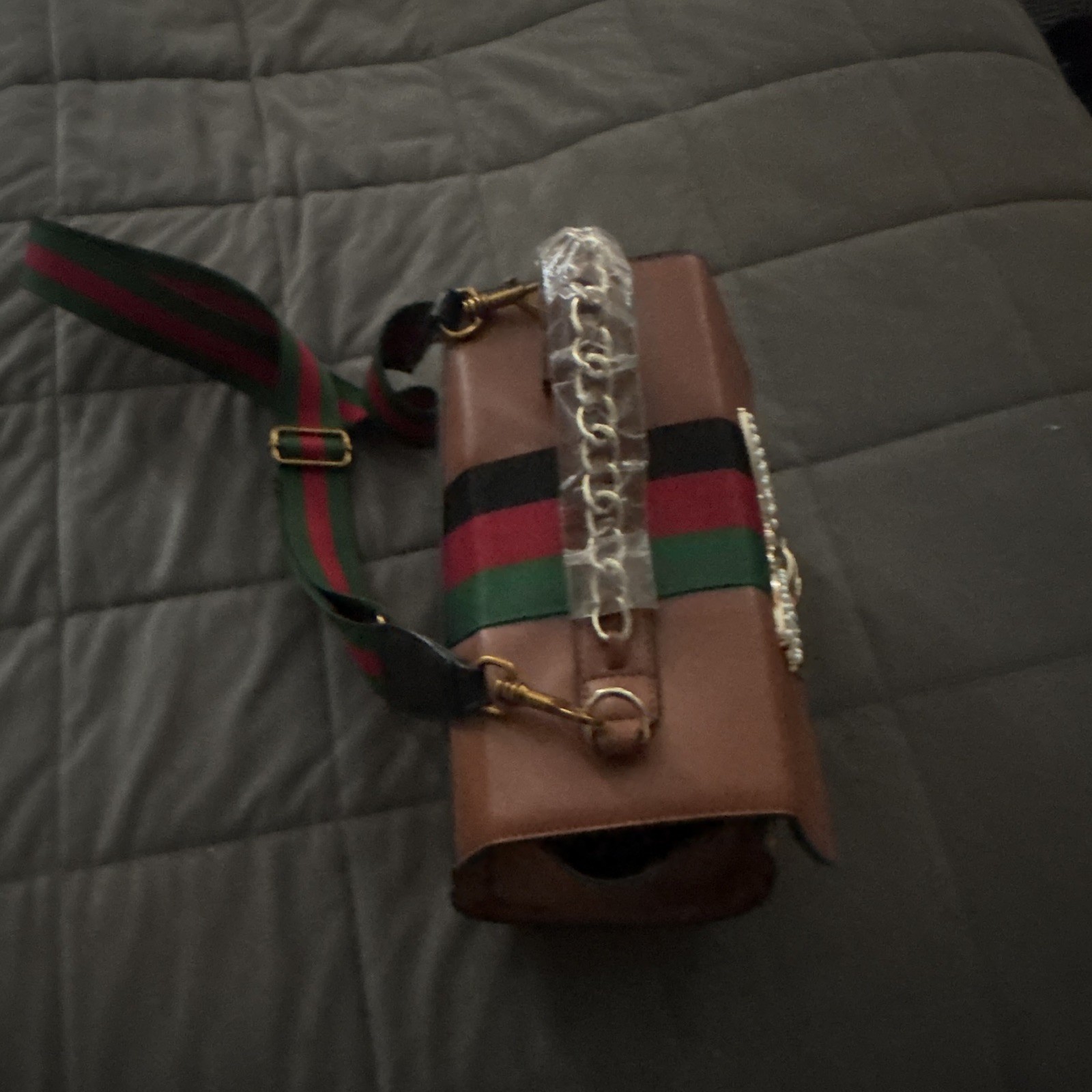 Women’s Brown Crossbody Bag Green Red Stripe Strap Bee Accent Magnetic Closure