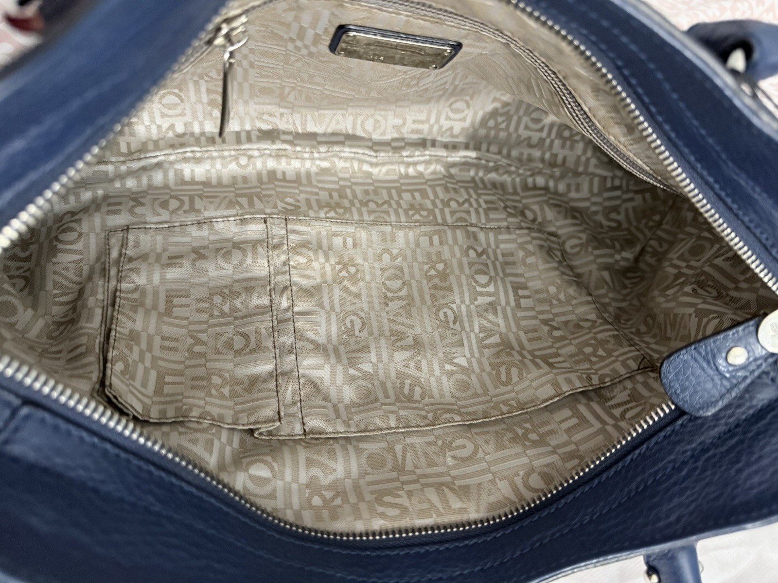 Salvatore Ferragamo Blue Pebbled Satchel Top Handle Zip Silver Hardware Buckle