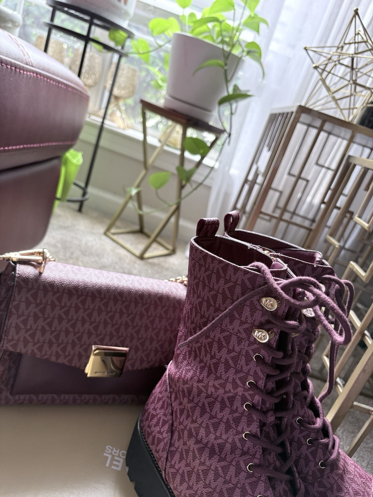 Michael Kors Purple Logo Crossbody Bag Gold Chain Hardware Turn Lock Detach