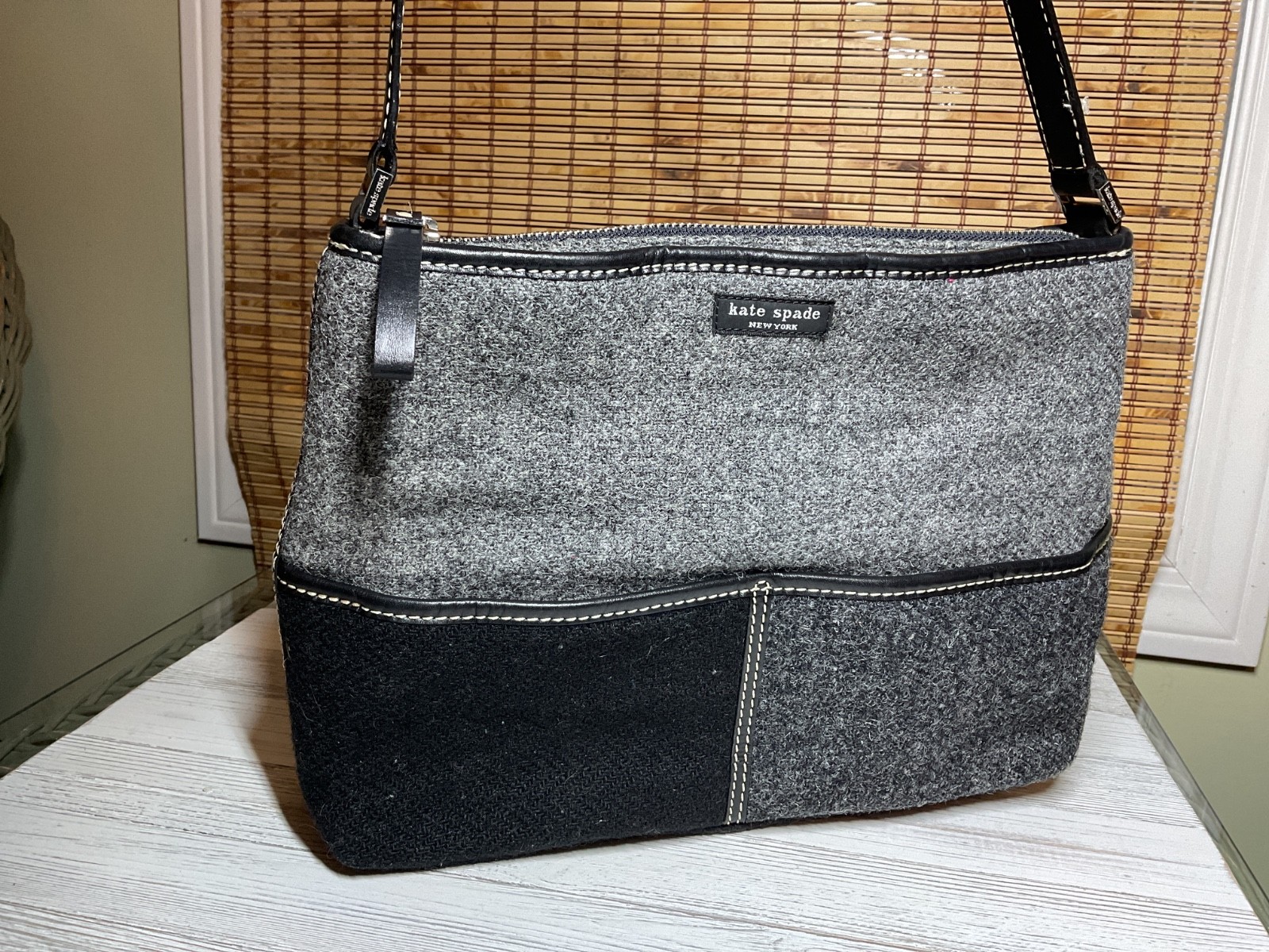 Kate Spade Grey Blk Wool Felt Shoulder Hobo Shoulder Bag Y2K Patchwork Zip Top