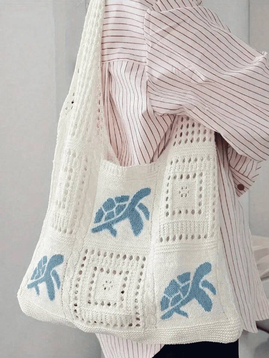 Sea Turtle Crochet Tote Bag Women Large Straw Knit Summer Beach Shoulder