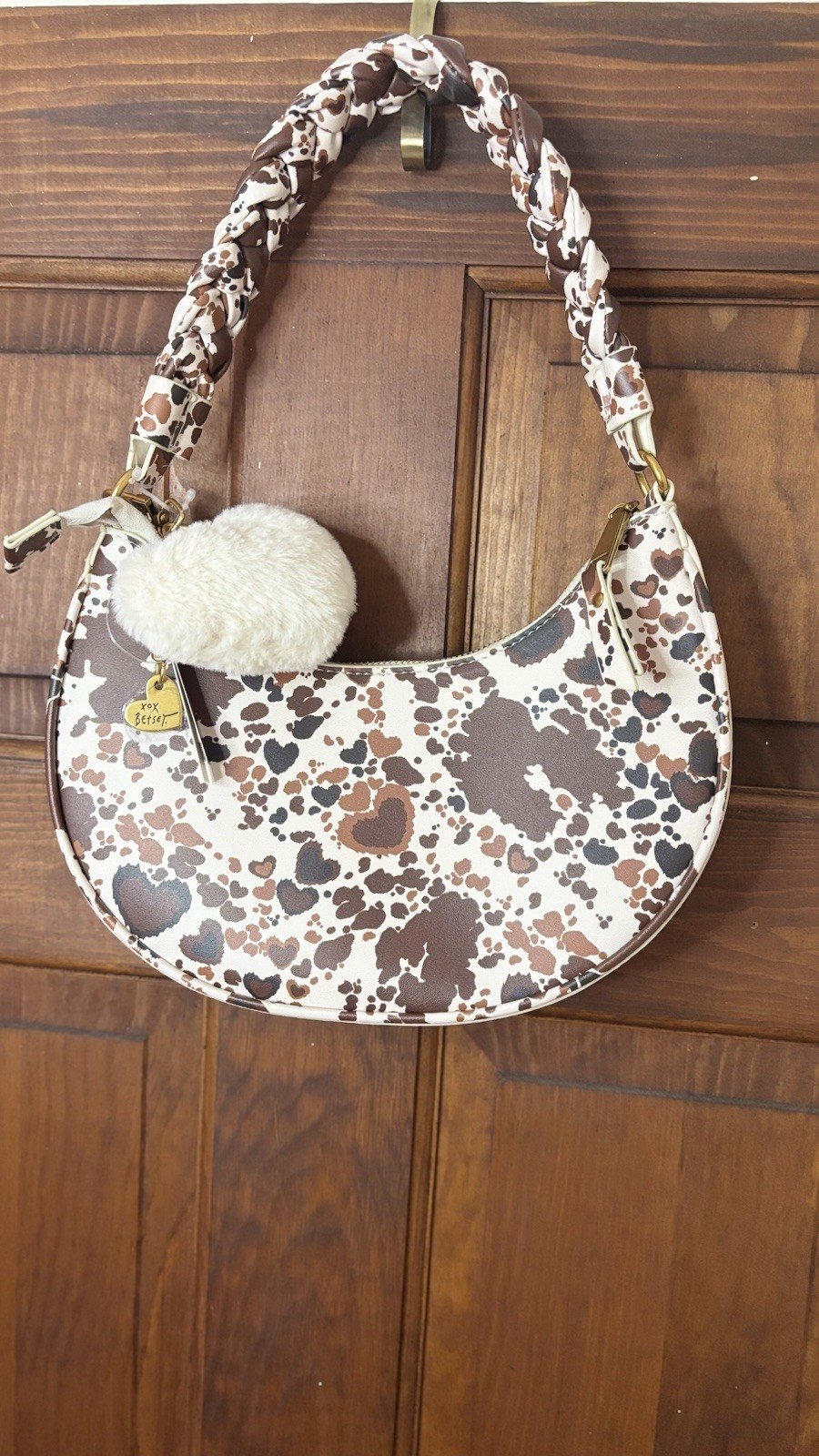 Betsey Johnson Brown/Ivory Cow Heart Print Crescent shape NWT