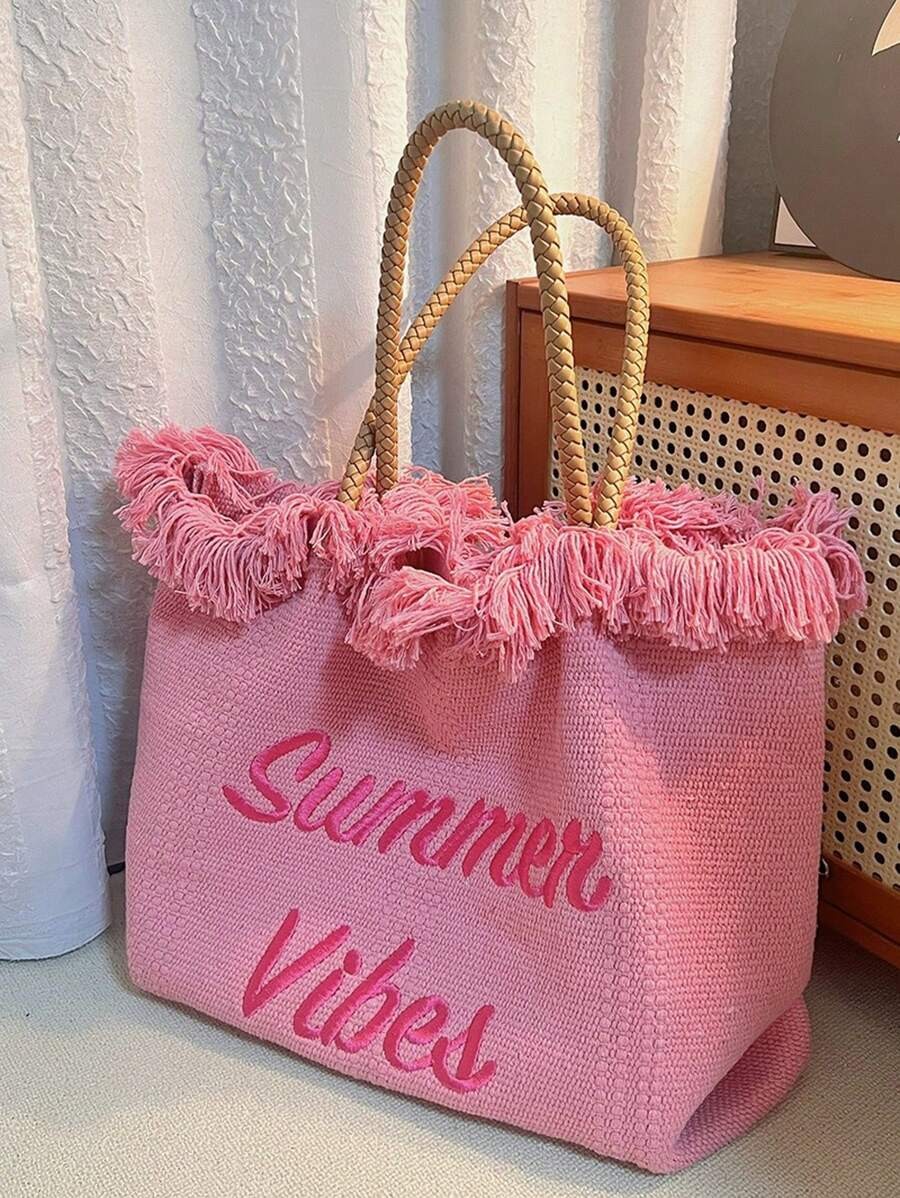 Oversized Beach Tote Bag Women Embroidery Letter Shoulder Purse Vacation Casual