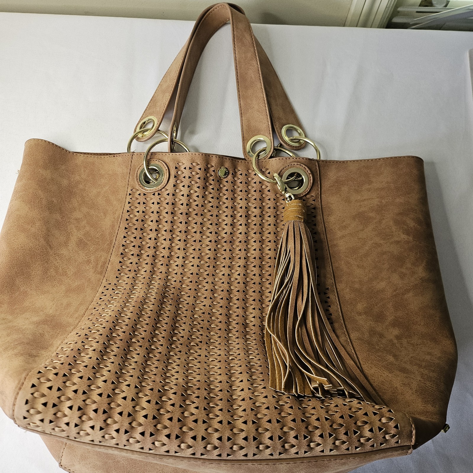 Steve Madden Large Boho Suede Bag. Perforated Design With Tassel. Cognac Brown