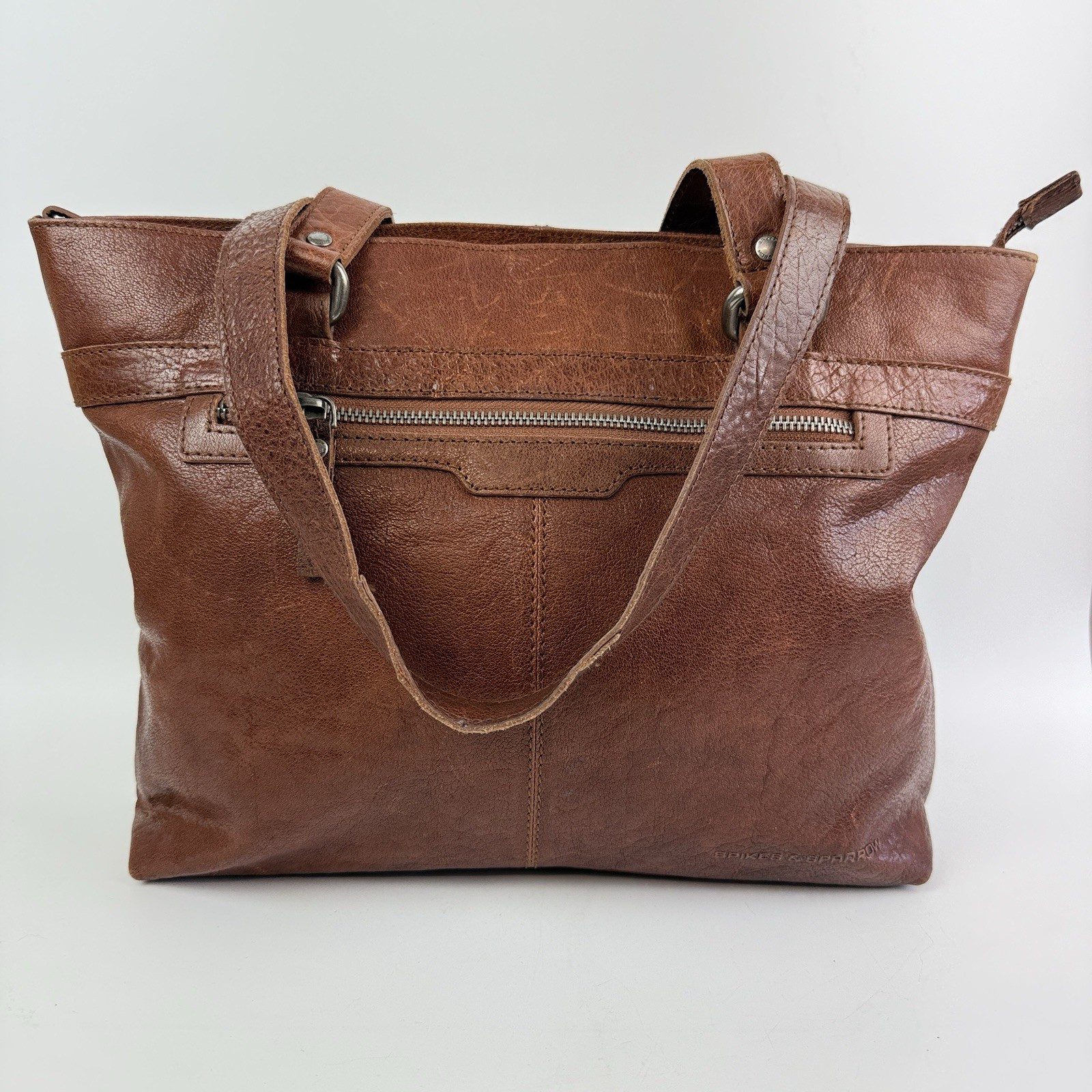 Spikes & Sparrow brown genuine leather laptop shoulder bag various pockets